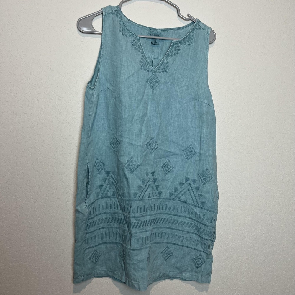 Artisan NY Dress Womens M Blue Linen Embroidered Sleeveless Shift Pockets Casual